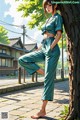 A woman leaning against a tree in a green outfit.