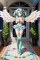 Anime girl with blue hair and white wings standing in front of a door.