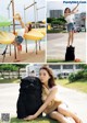 A collage of photos of a woman sitting on a rock.