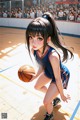 A girl in a basketball uniform holding a basketball on a court.