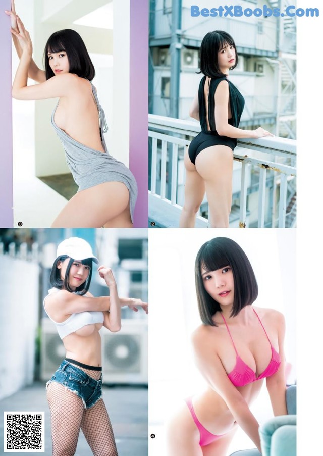 A series of photos of a woman in a bikini posing for a picture.