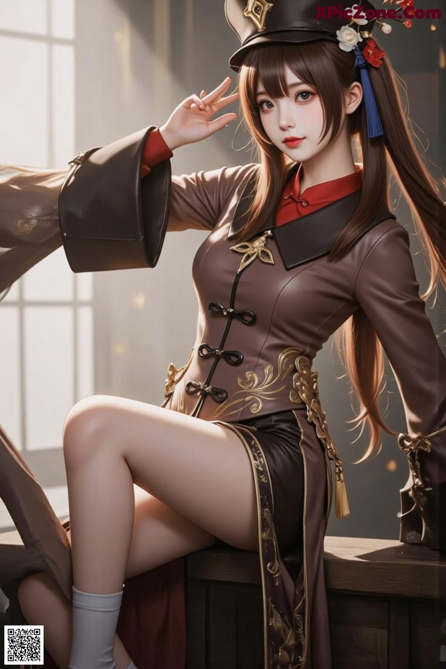 A woman in a chinese dress and hat sitting on a table.