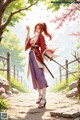 A woman in traditional attire holds a sword, standing on a path with cherry blossoms and greenery around.