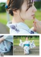 A woman in a blue and white kimono sitting on the ground.