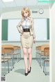 A woman in a beige skirt and blazer standing in a classroom.