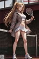 A woman holding a tennis racket on a tennis court.