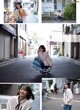 A collage of photos of a woman sitting on the side of a street.