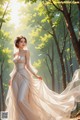 A woman in a wedding dress standing in the woods.