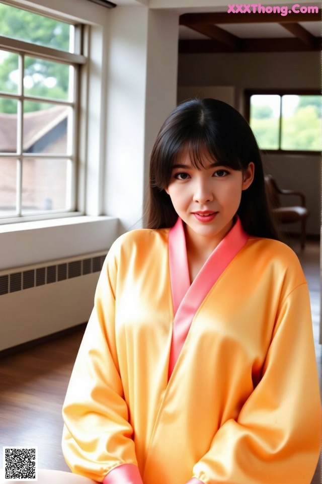 A woman in a yellow robe sitting on the floor.